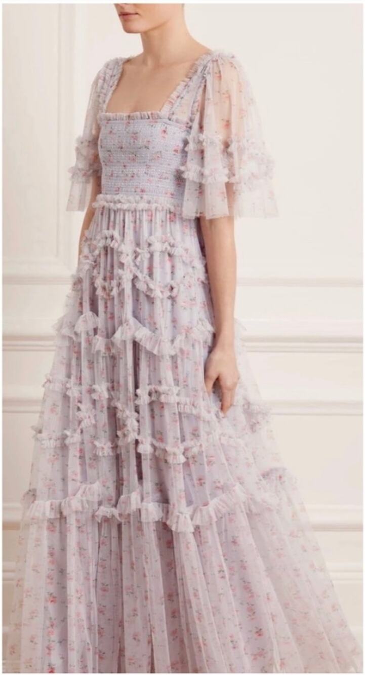 Needle & Thread Bijou Rose Smocked Ruffle Maxi Dress Gown Pink Cream Size 8